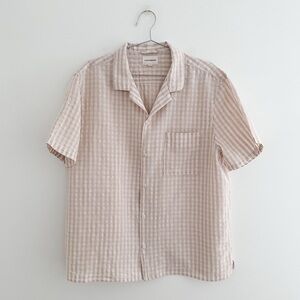 Lucky Brand Linen Blend Button Up Shirt XL Neutral Gingham Plaid Short Sleeve